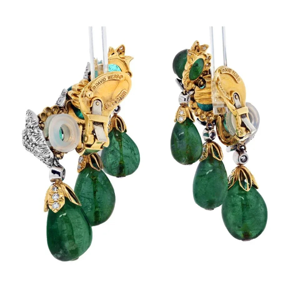 David Webb Smooth Briolette Cut Green Emerald Cascading Clip Diamond Earrings — view 3 — Laura Milman New York
