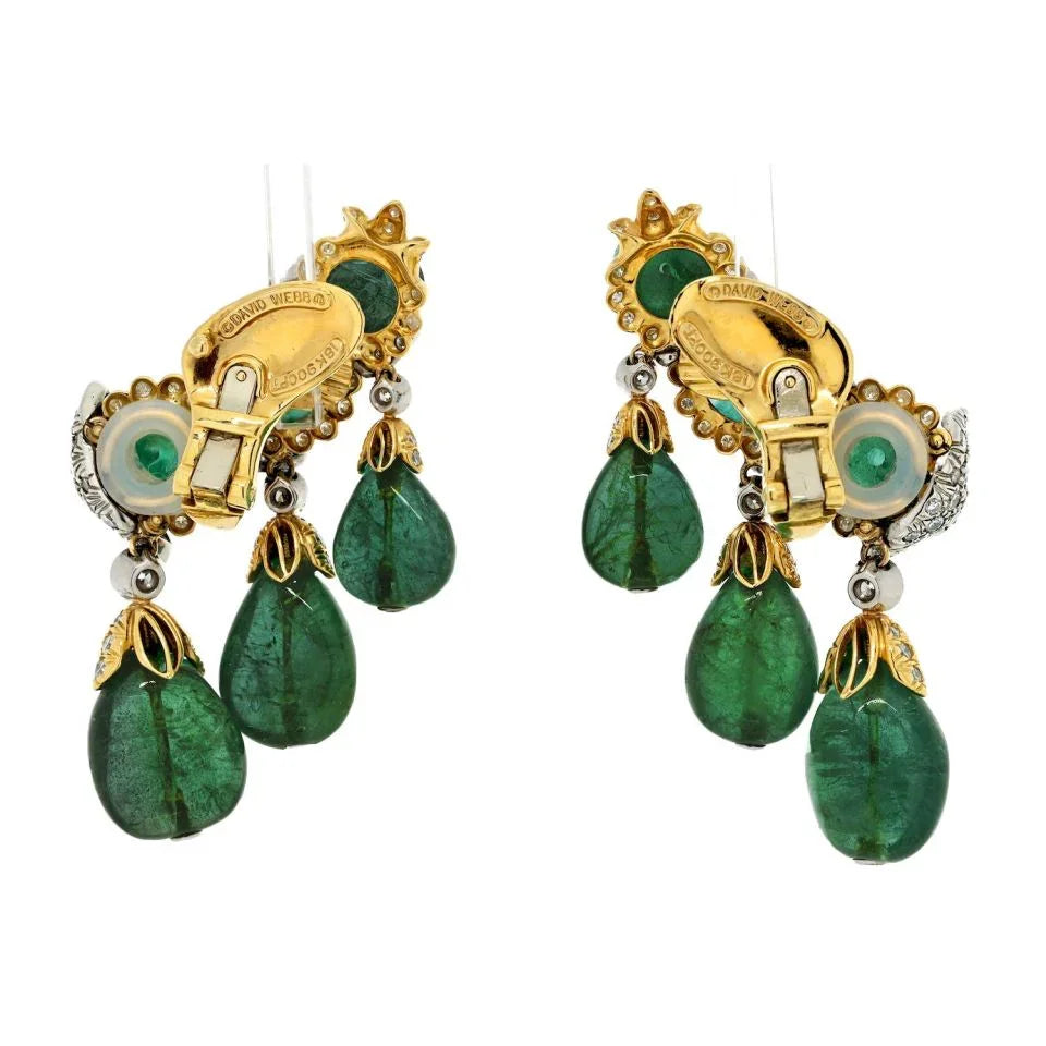 David Webb Smooth Briolette Cut Green Emerald Cascading Clip Diamond Earrings — view 4 — Laura Milman New York