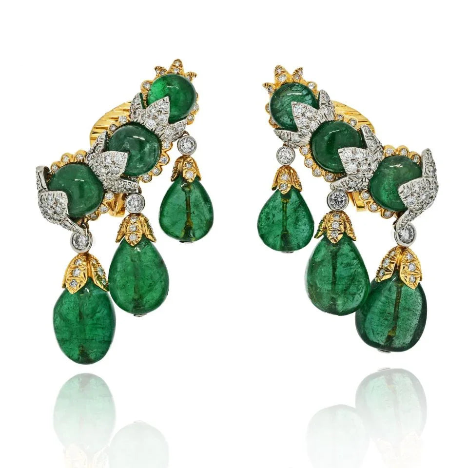David Webb Smooth Briolette Cut Green Emerald Cascading Clip Diamond Earrings — Laura Milman New York