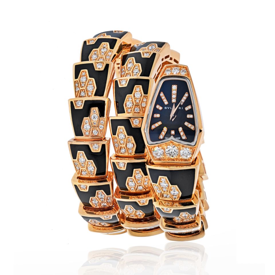 Pre-Owned Bvlgari 18K Rose Gold Black Enamel Diamond SP P 26G Ladies Watch - Bvlgari Watch — Laura Milman New York
