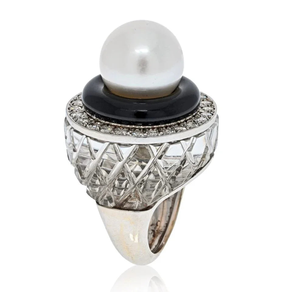 David Webb Platinum & 18K White Gold Rock Crystal, Diamonds, Black Enamel, Pearl Ring — view 2 — Laura Milman New York