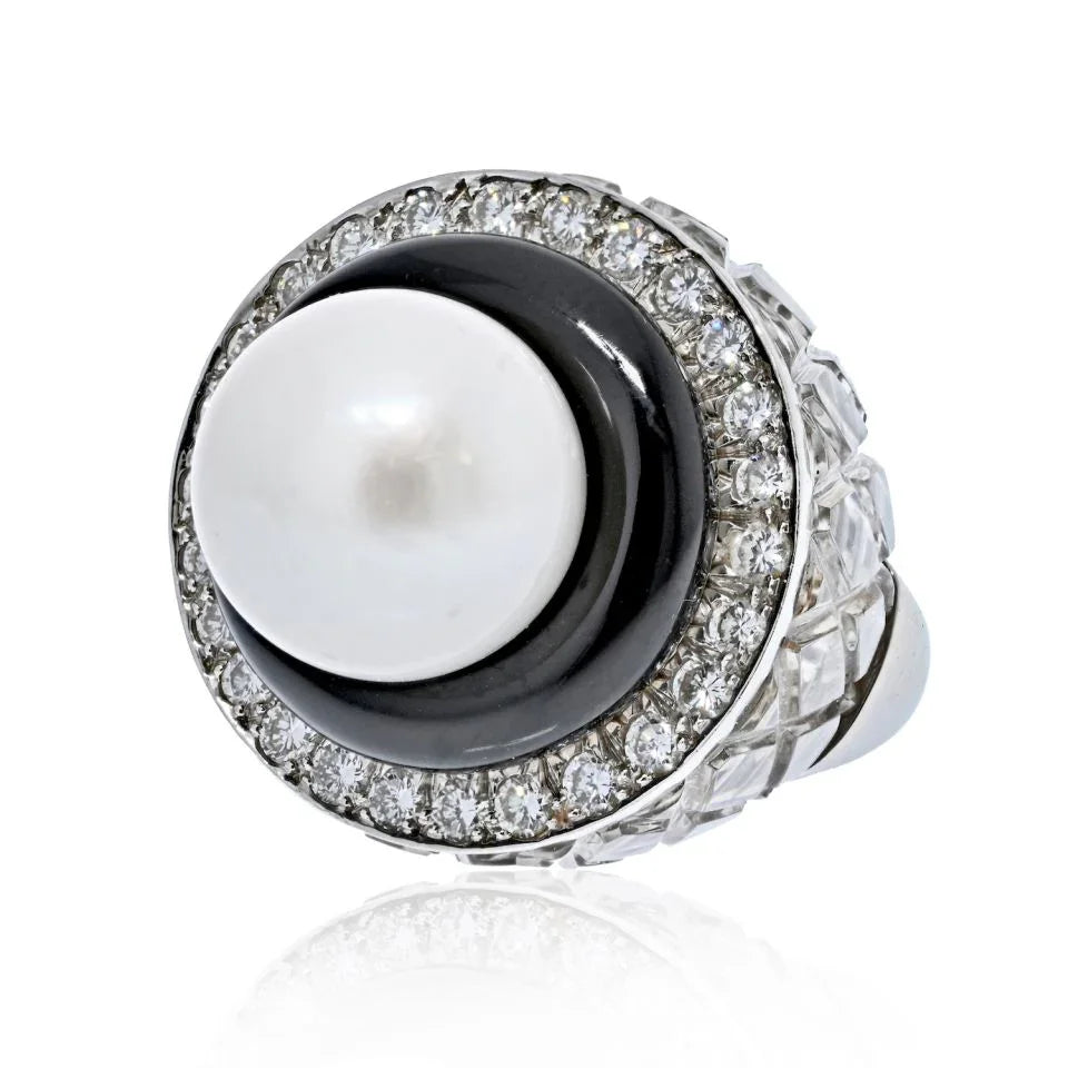 David Webb Platinum & 18K White Gold Rock Crystal, Diamonds, Black Enamel, Pearl Ring — Laura Milman New York