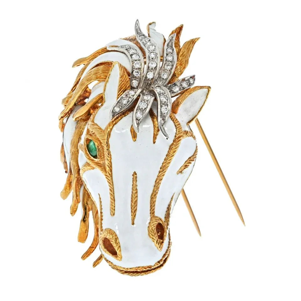 David Webb Platinum & 18K Yellow Gold White Enamel Diamond Horse Face Brooch — view 2 — Laura Milman New York