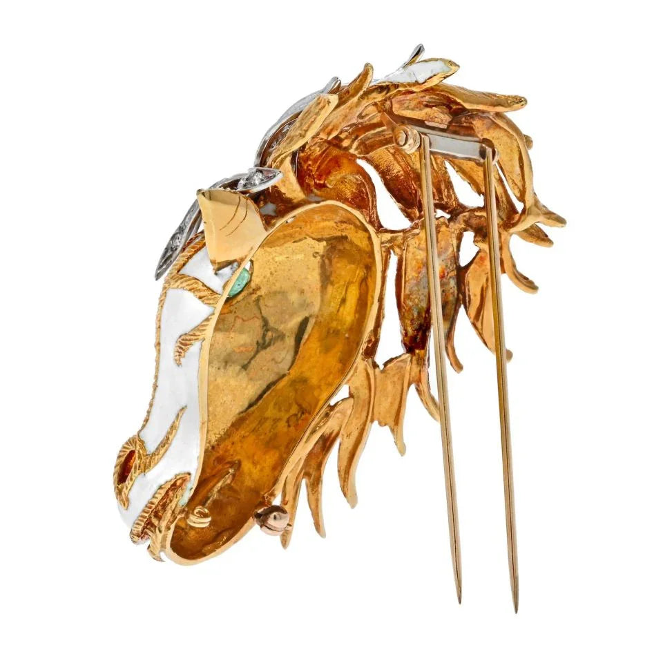 David Webb Platinum & 18K Yellow Gold White Enamel Diamond Horse Face Brooch — view 3 — Laura Milman New York