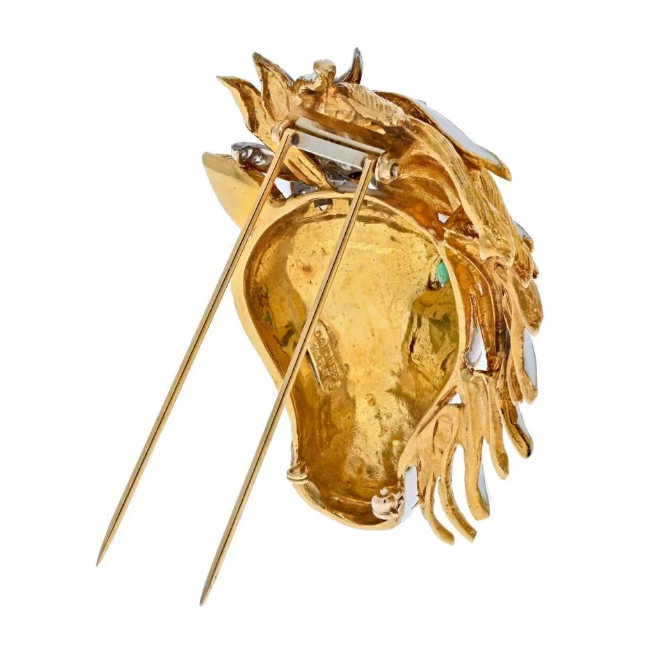 David Webb Platinum & 18K Yellow Gold White Enamel Diamond Horse Face Brooch — view 4 — Laura Milman New York