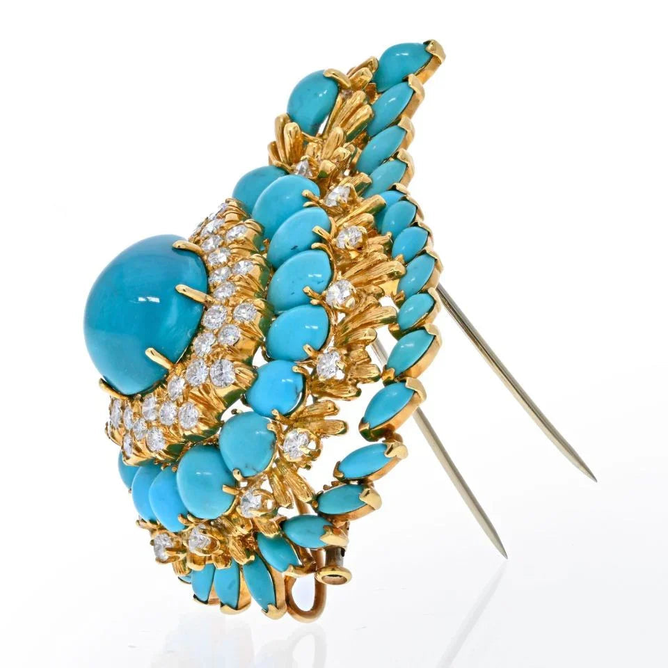 David Webb Platinum & 18K Yellow Gold 1970's Turquoise And Diamond Foliage Brooch — view 2 — Laura Milman New York