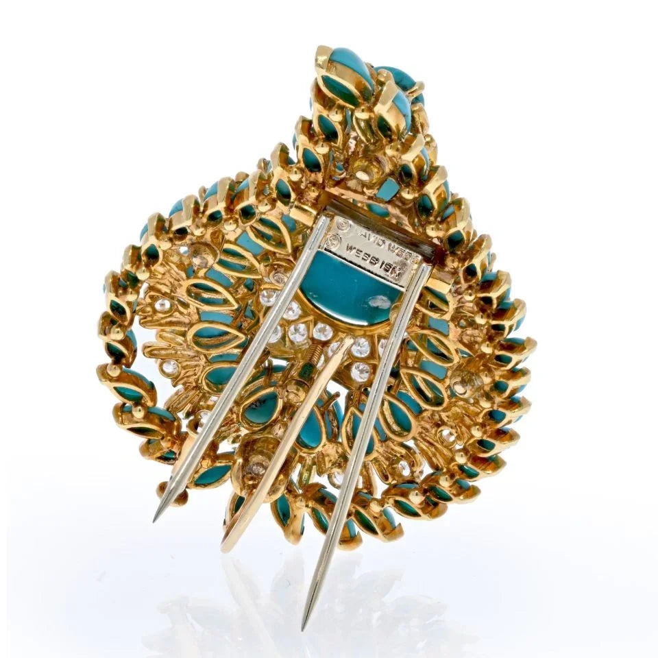 David Webb Platinum & 18K Yellow Gold 1970's Turquoise And Diamond Foliage Brooch — view 4 — Laura Milman New York