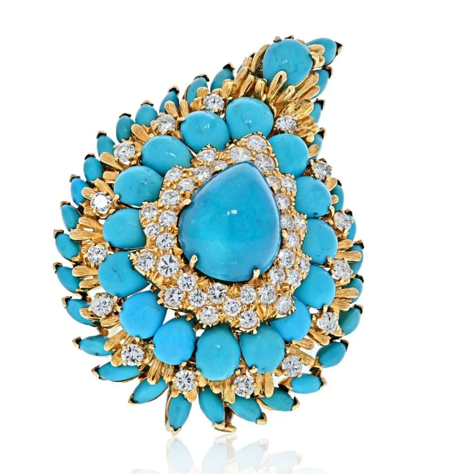 David Webb Platinum & 18K Yellow Gold 1970's Turquoise And Diamond Foliage Brooch — Laura Milman New York