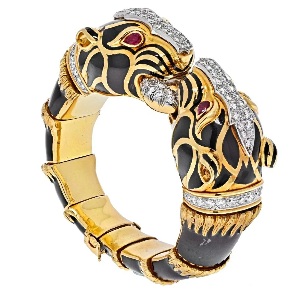David Webb Platinum & 18K Yellow Gold Black Enamel Double Head Lion Bracelet — view 2 — Laura Milman New York