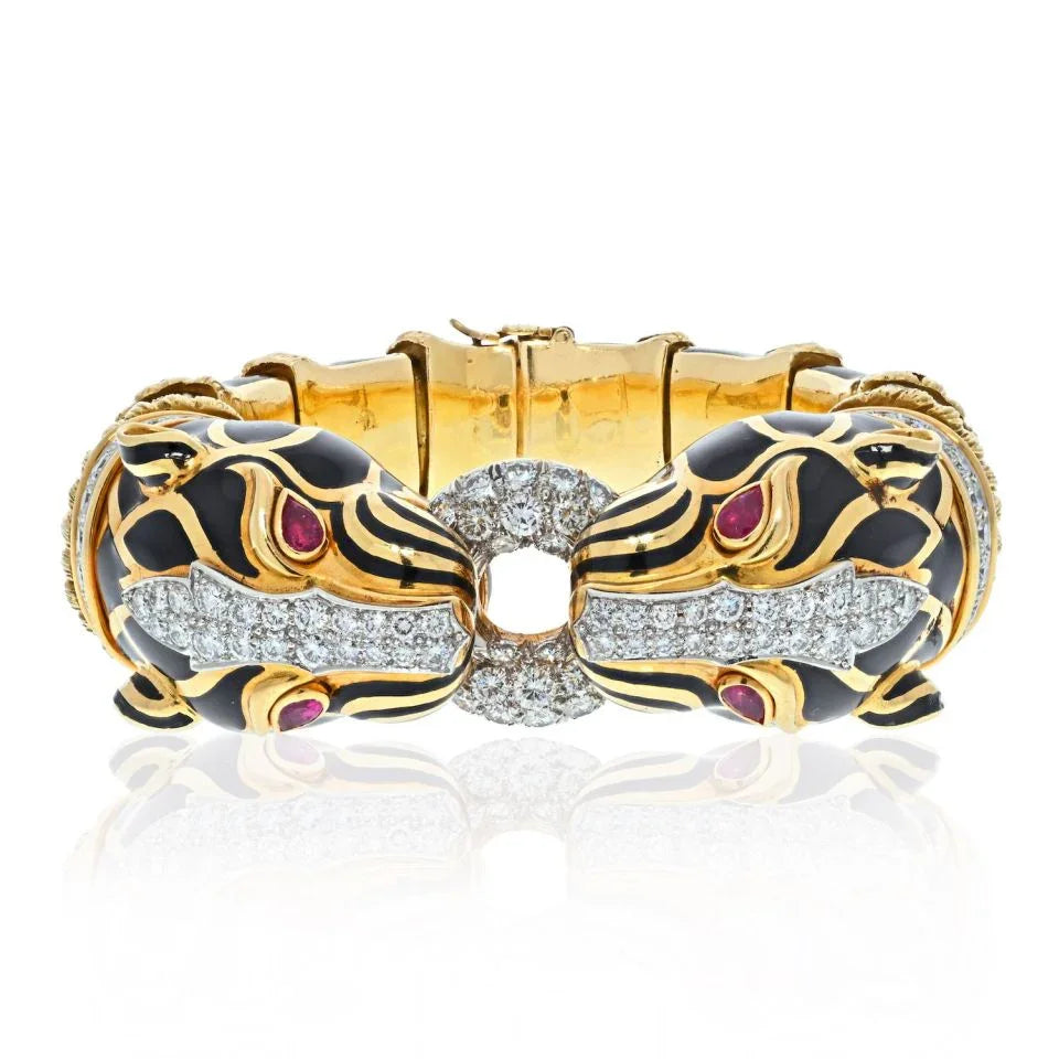 David Webb Platinum & 18K Yellow Gold Black Enamel Double Head Lion Bracelet — Laura Milman New York