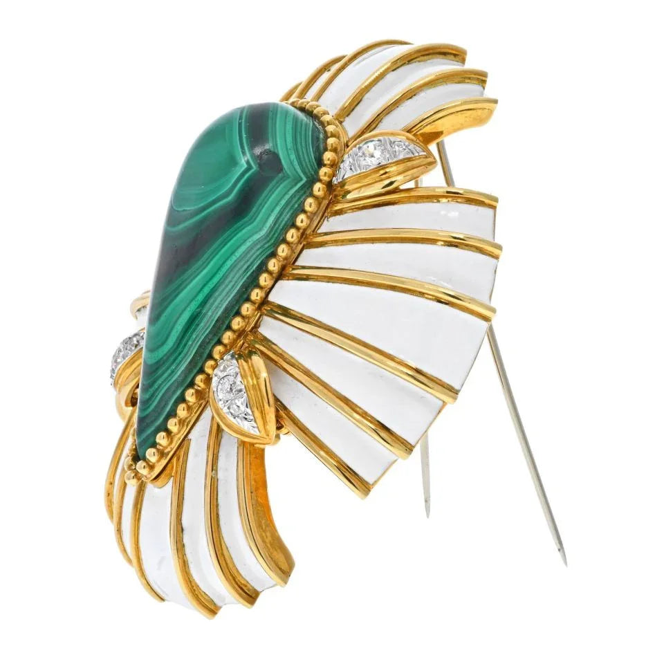 David Webb White Enamel And Malachite Maltese Cross Brooch — view 2 — Laura Milman New York