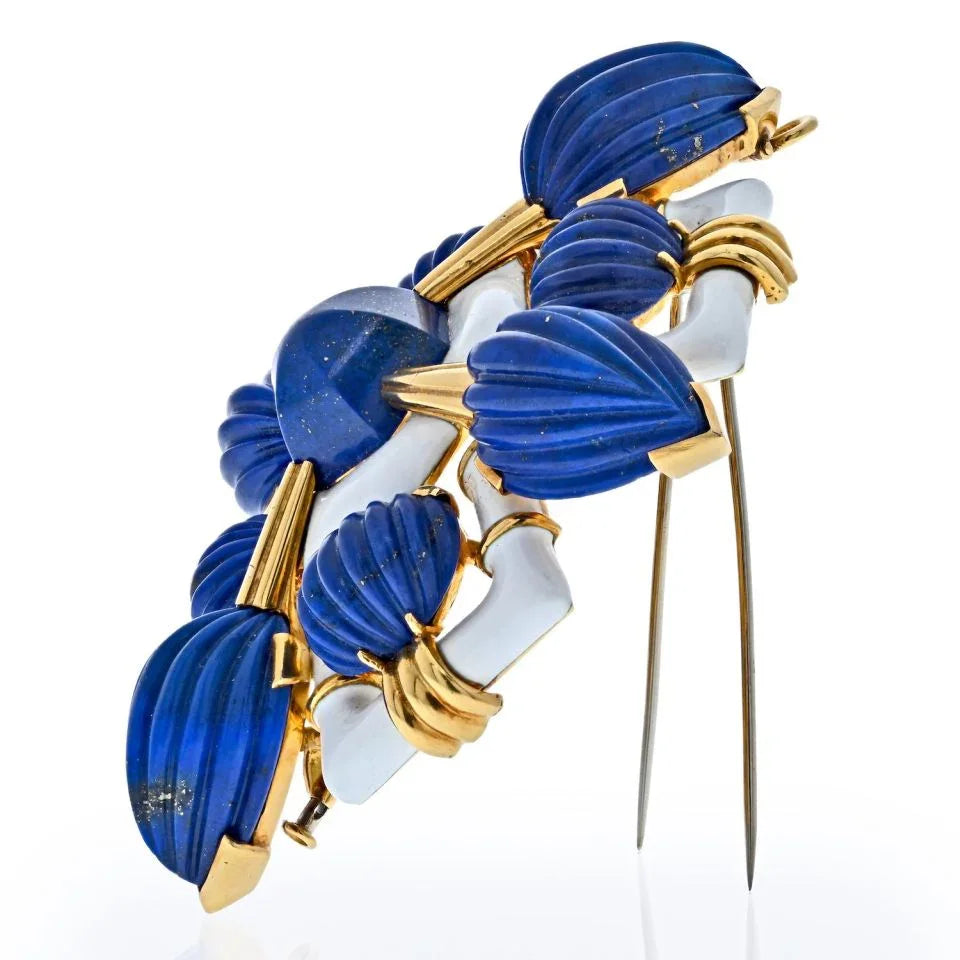 David Webb Platinum & 18K Yellow Gold Blue Lapis Lazuli And White Enamel Brooch — view 2 — Laura Milman New York