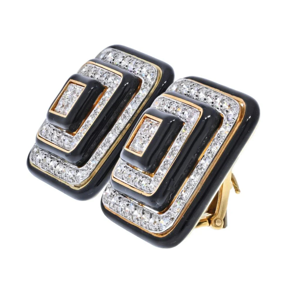 David Webb Black Enamel And Diamond Square Shaped Earrings — view 2 — Laura Milman New York