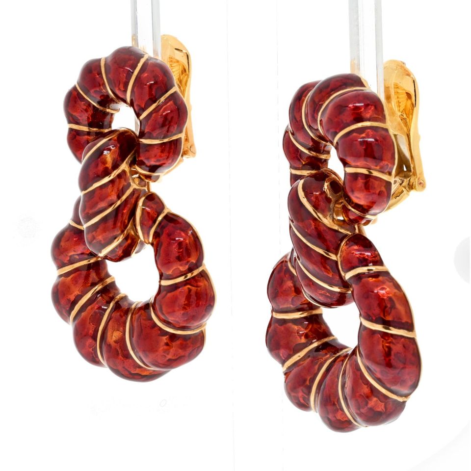 David Webb Platinum & 18K Yellow Gold Red Enamel Door Knockers Earrings — view 2 — Laura Milman New York