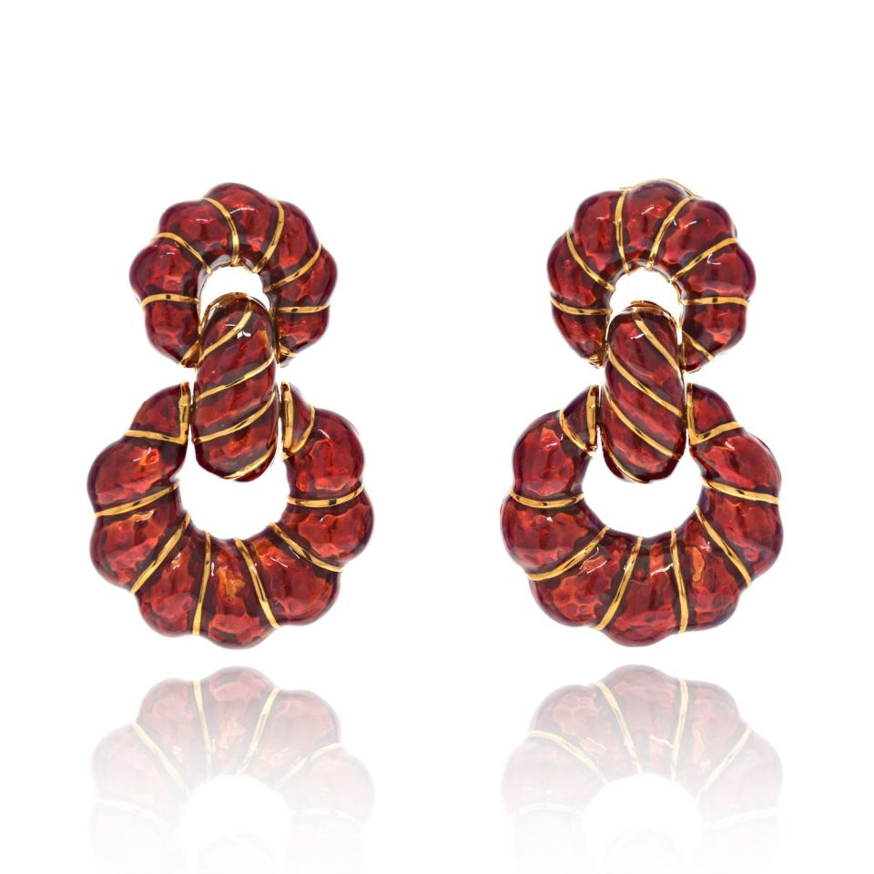 David Webb Platinum & 18K Yellow Gold Red Enamel Door Knockers Earrings — Laura Milman New York