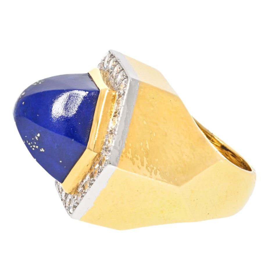 David Webb Platinum & 18K Yellow Gold Oversized Lapis And Diamond Ring — view 2 — Laura Milman New York
