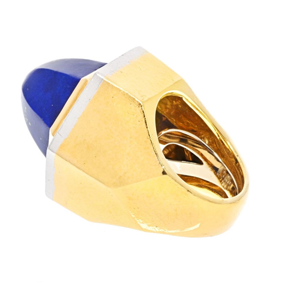 David Webb Platinum & 18K Yellow Gold Oversized Lapis And Diamond Ring — view 3 — Laura Milman New York