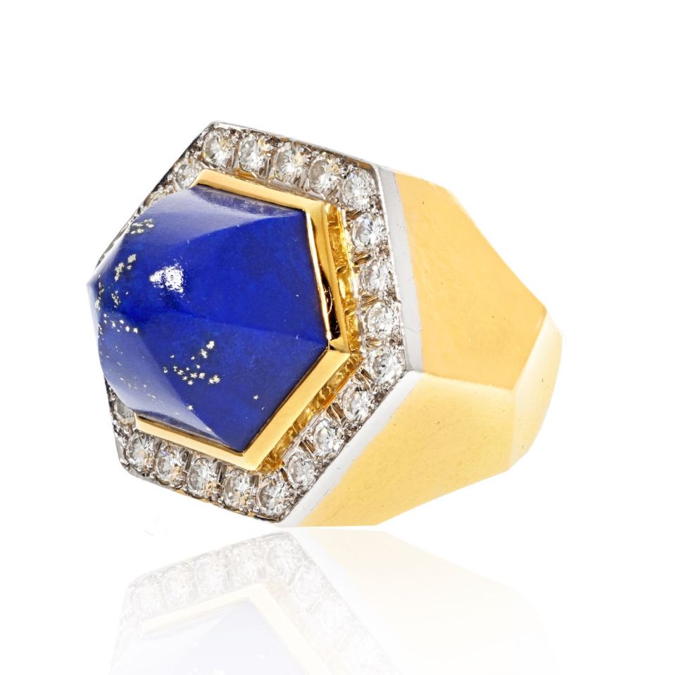 David Webb Platinum & 18K Yellow Gold Oversized Lapis And Diamond Ring — Laura Milman New York