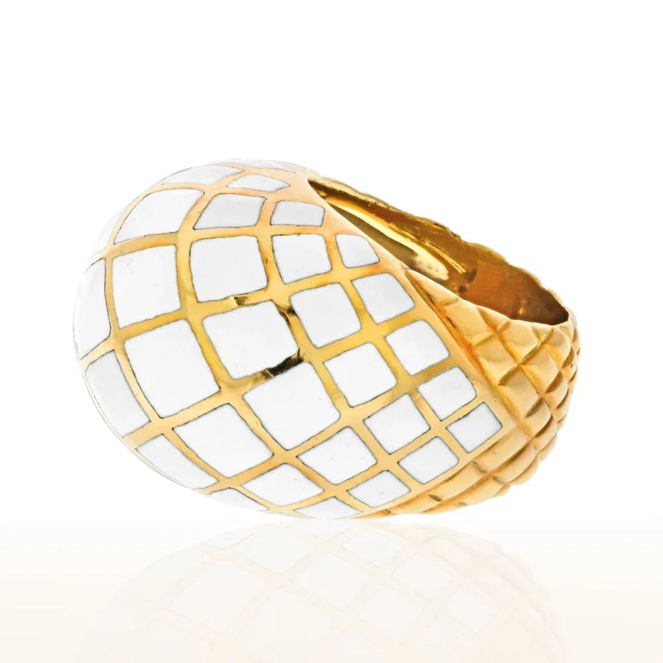 David Webb Platinum & 18K Yellow Gold White Enamel Checkerboard Pattern Bombe Ring — view 2 — Laura Milman New York