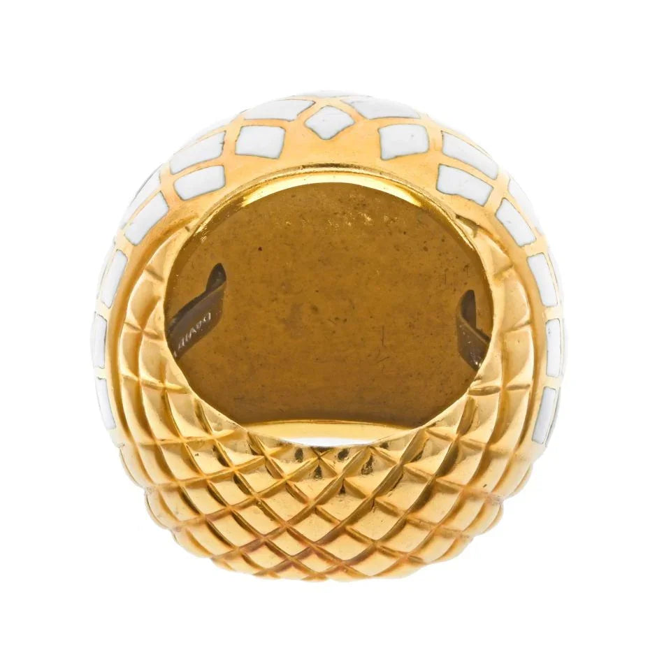 David Webb Platinum & 18K Yellow Gold White Enamel Checkerboard Pattern Bombe Ring — view 4 — Laura Milman New York