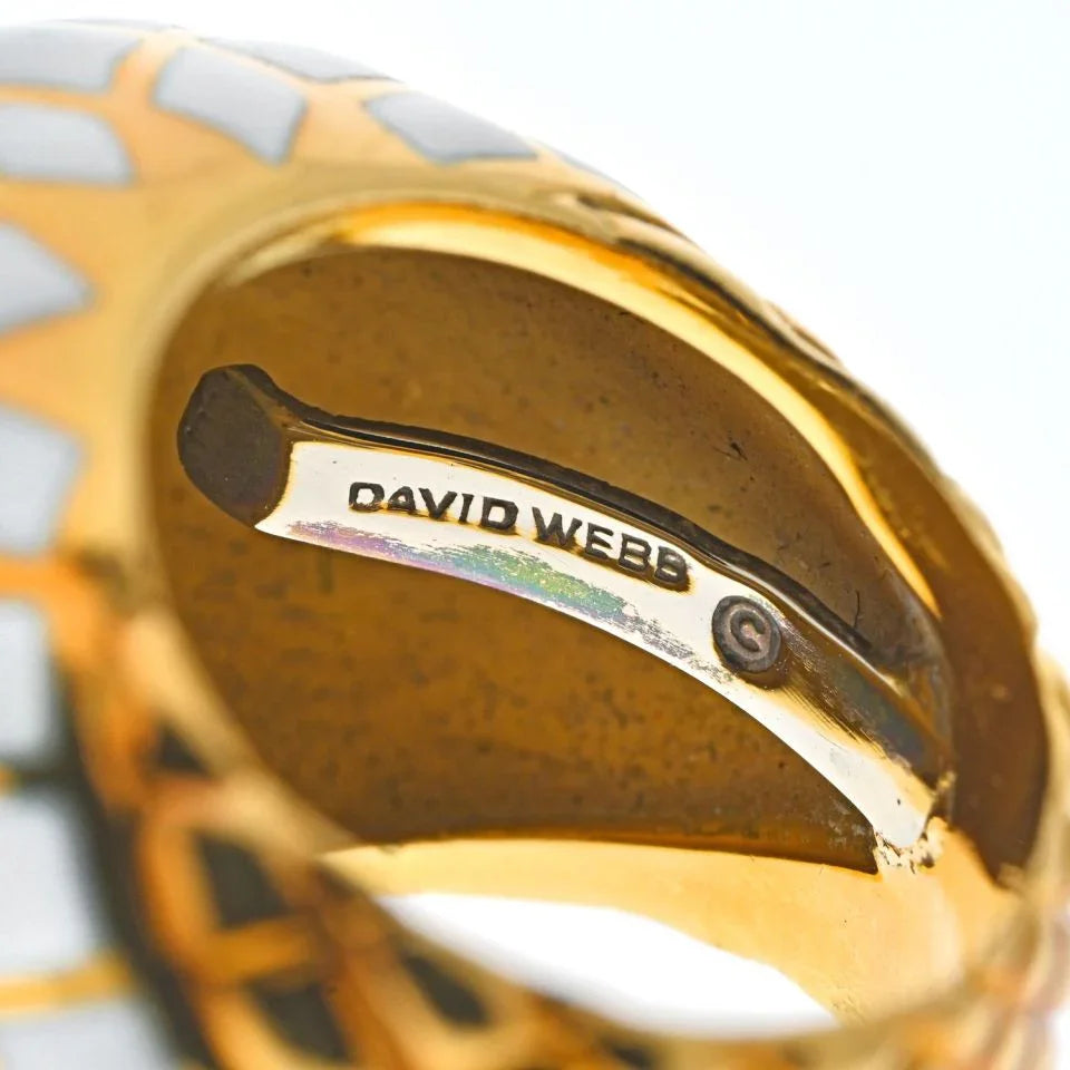 David Webb Platinum & 18K Yellow Gold White Enamel Checkerboard Pattern Bombe Ring — view 5 — Laura Milman New York