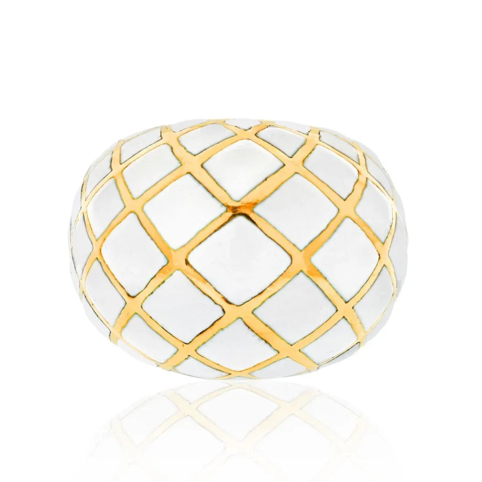David Webb Platinum & 18K Yellow Gold White Enamel Checkerboard Pattern Bombe Ring — Laura Milman New York