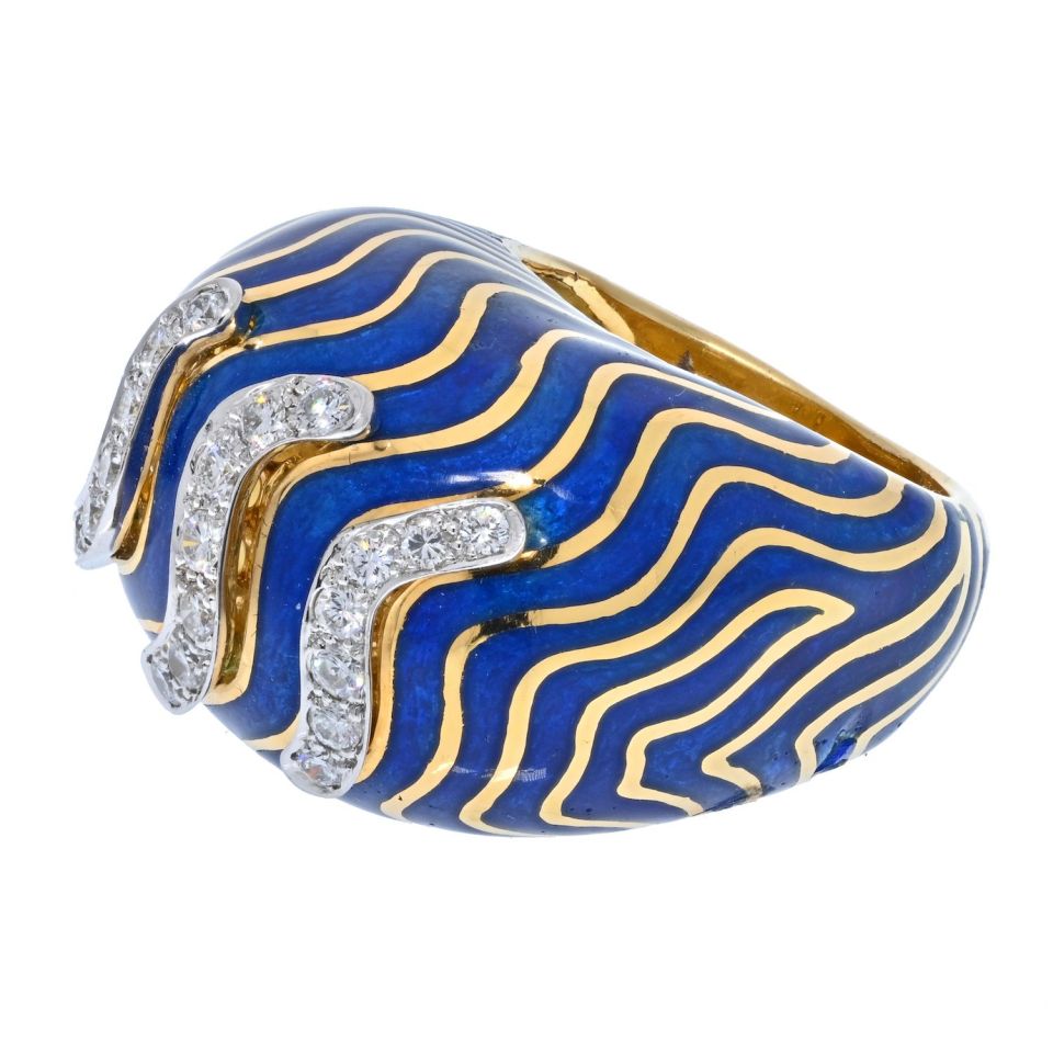 David Webb Platinum & 18K Yellow Gold Blue Enamel Bombe Diamond Ring — view 2 — Laura Milman New York