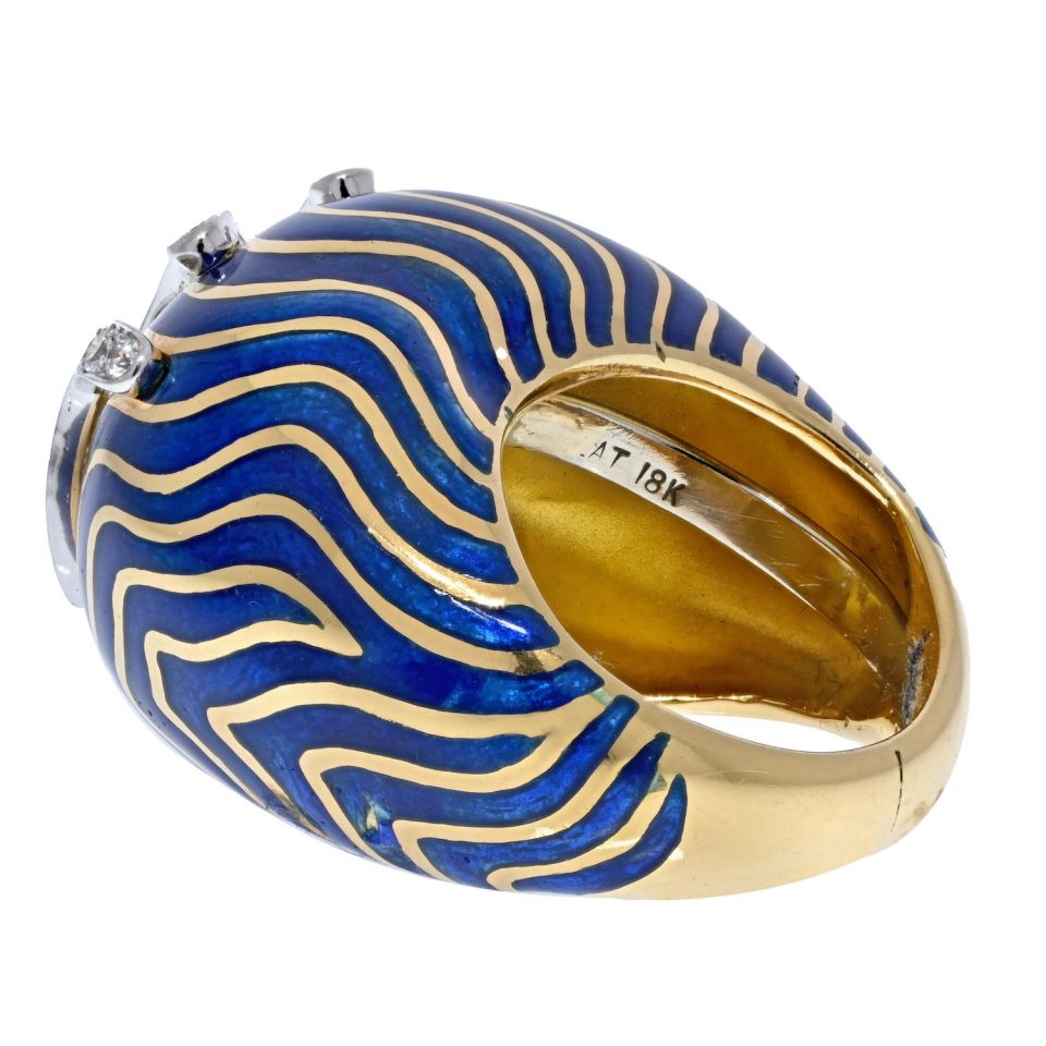 David Webb Platinum & 18K Yellow Gold Blue Enamel Bombe Diamond Ring — view 3 — Laura Milman New York