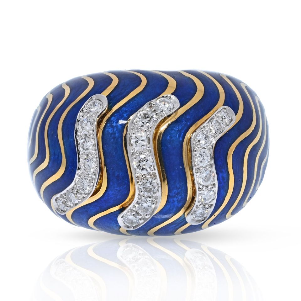 David Webb Platinum & 18K Yellow Gold Blue Enamel Bombe Diamond Ring — Laura Milman New York