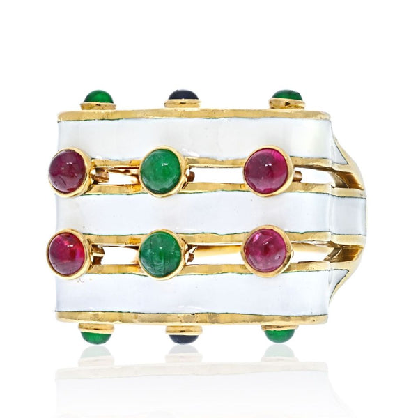 David Webb Platinum & 18K Yellow Gold Wave With Rubies, Emeralds And Sapphires Ring