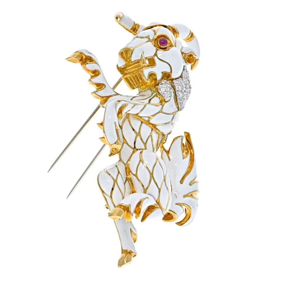 David Webb Platinum & 18K Yellow Gold White Enamel Diamond Goat Brooch — view 2 — Laura Milman New York