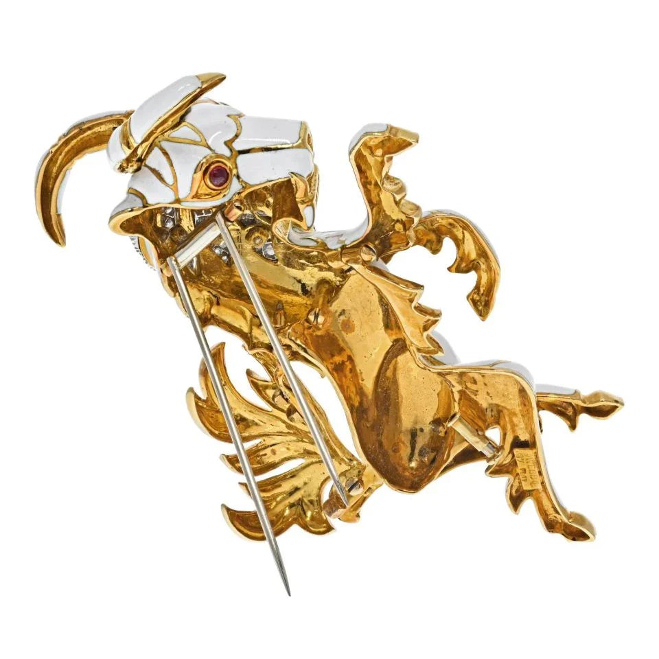 David Webb Platinum & 18K Yellow Gold White Enamel Diamond Goat Brooch — view 4 — Laura Milman New York