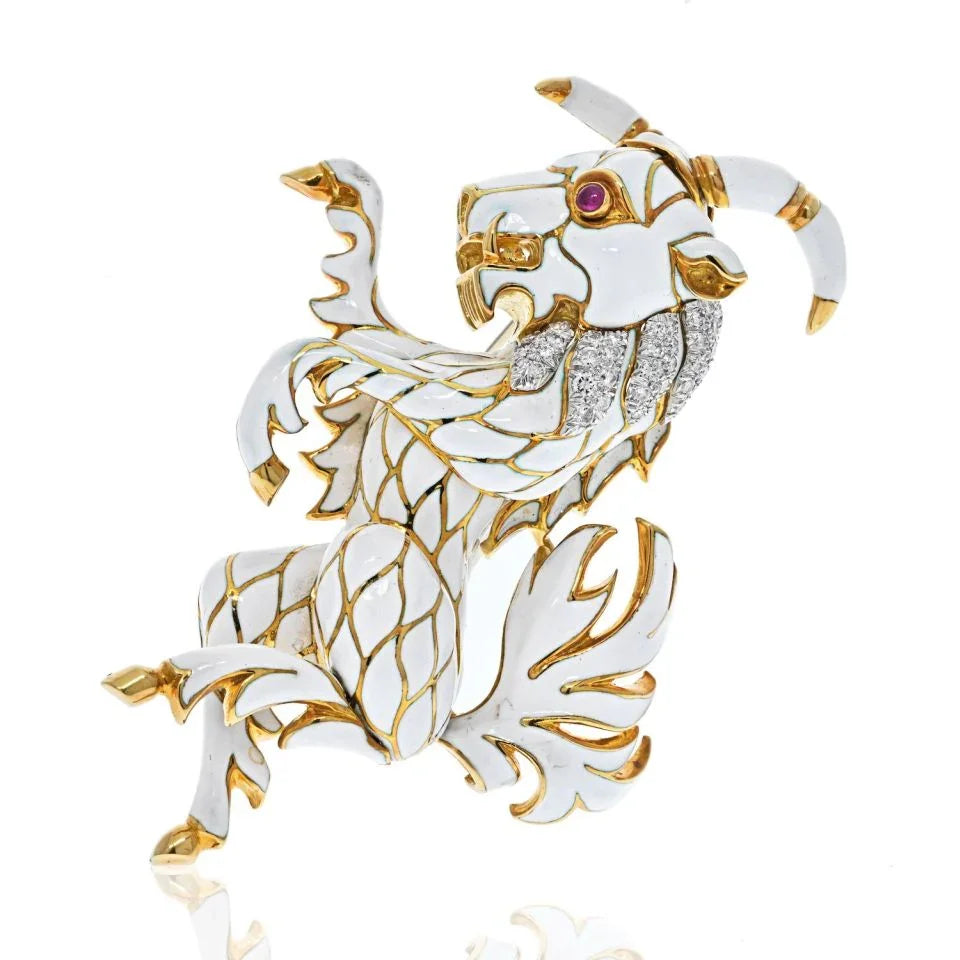 David Webb Platinum & 18K Yellow Gold White Enamel Diamond Goat Brooch — Laura Milman New York