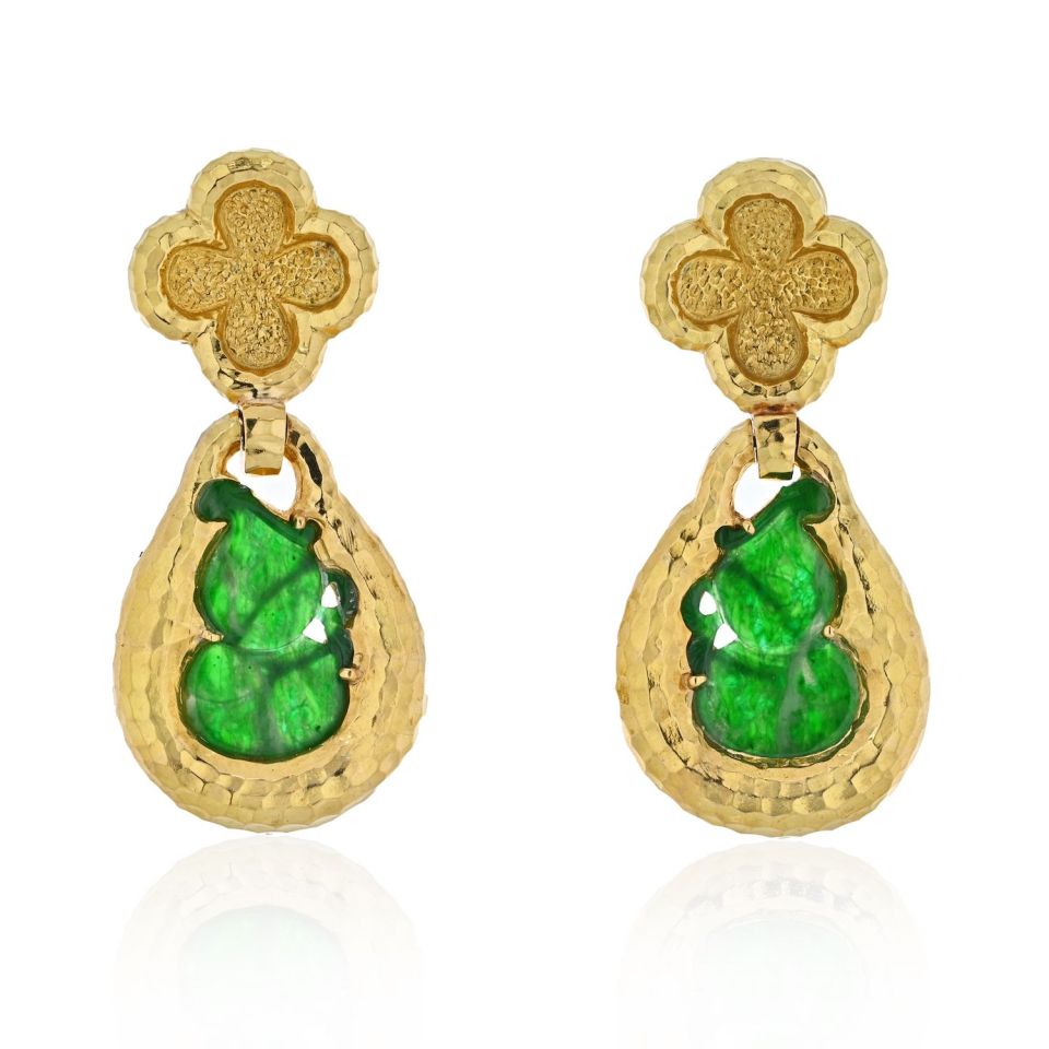 David Webb Platinum & 18K Yellow Gold Jade Teardrop Dangling Clip On Earrings — Laura Milman New York