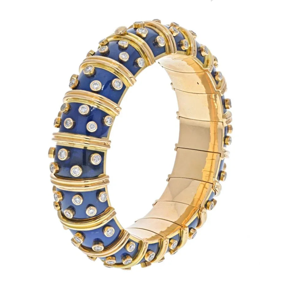 Tiffany & Co. Schlumberger Platinum & 18K Yellow Gold Blue Enamel Diamond Bracelet — view 2 — Laura Milman New York
