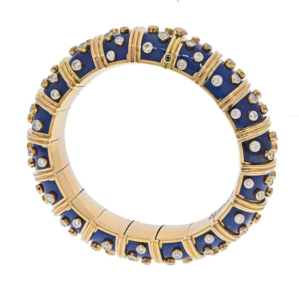 Tiffany & Co. Schlumberger Platinum & 18K Yellow Gold Blue Enamel Diamond Bracelet — view 3 — Laura Milman New York