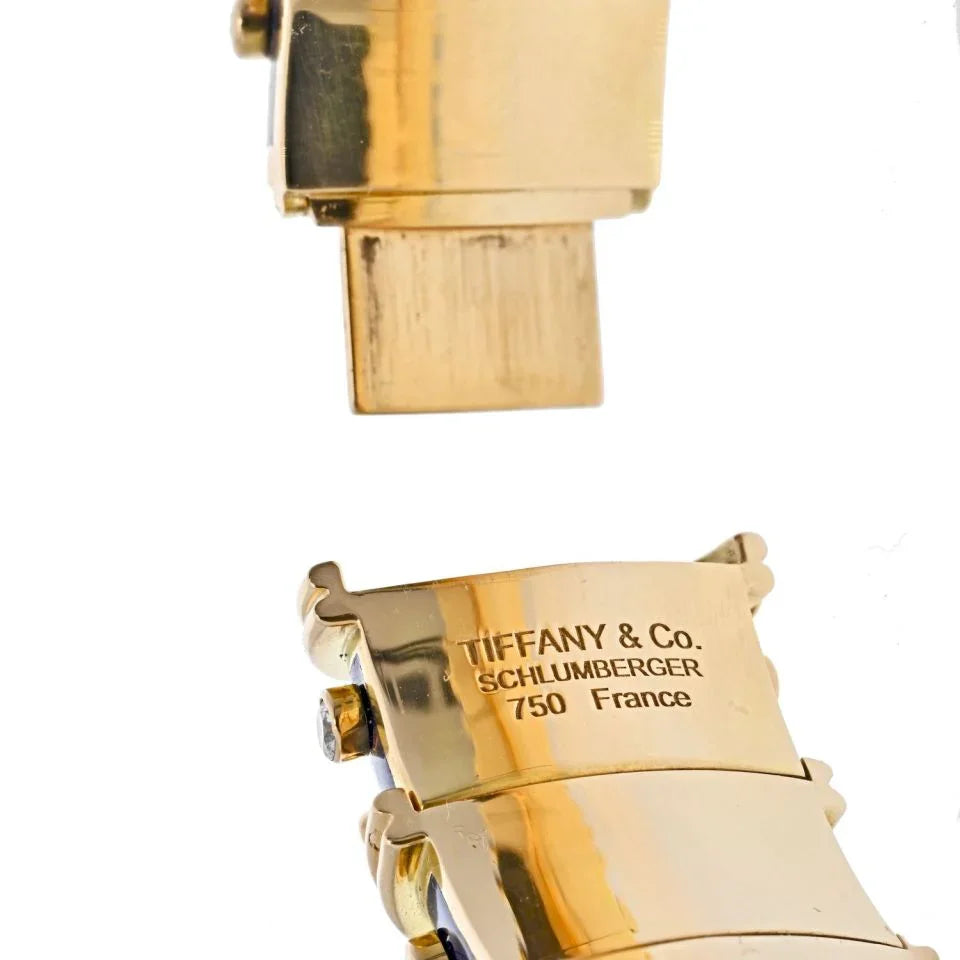 Tiffany & Co. Schlumberger Platinum & 18K Yellow Gold Blue Enamel Diamond Bracelet — view 5 — Laura Milman New York