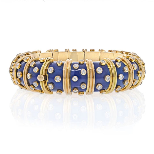 Tiffany Schlumberger 18K Gold Blue Enamel 6.5ct Diamond Bangle