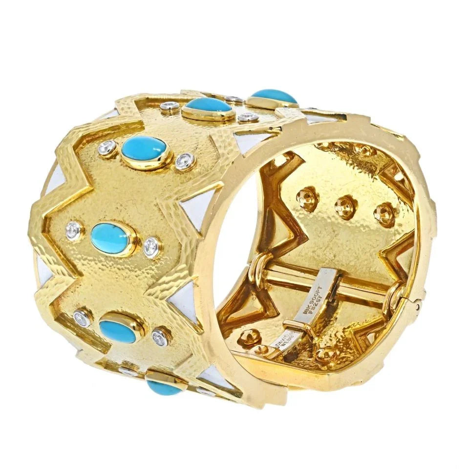 David Webb 18K Yellow Gold Rickrack Turquoise, Diamond, White Enamel Cuff Bracelet — view 2 — Laura Milman New York