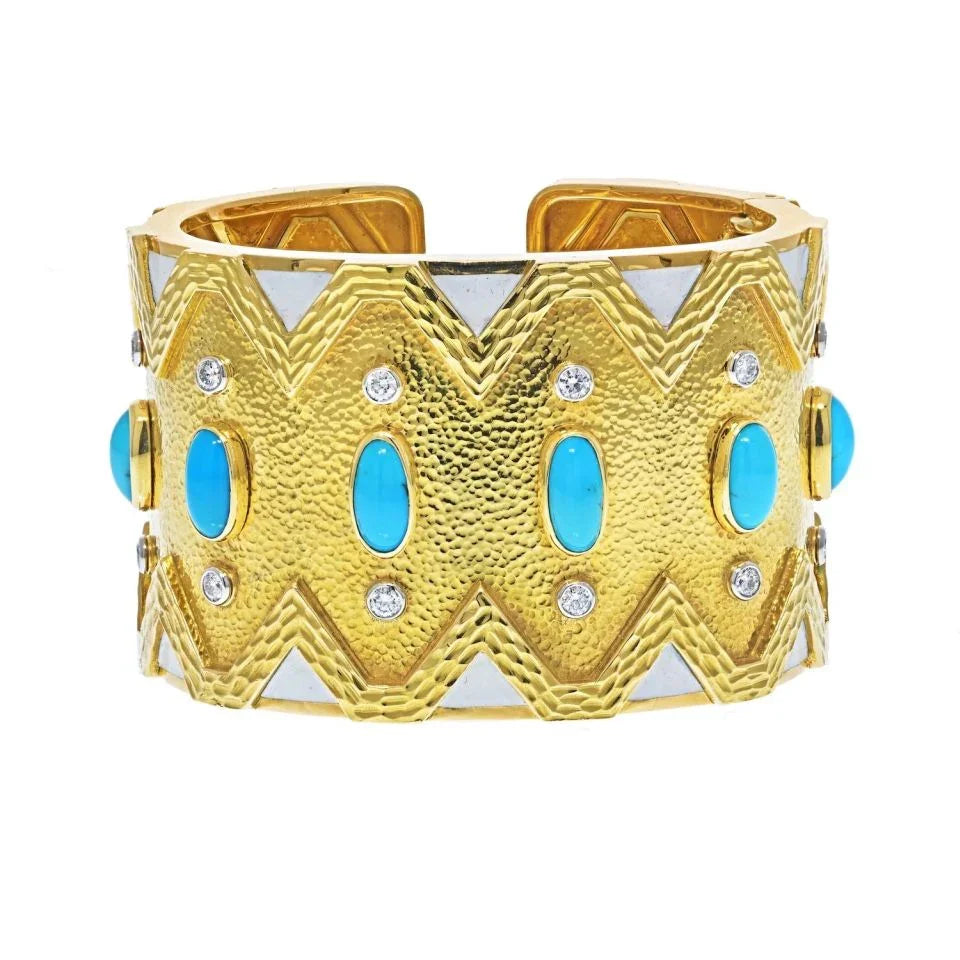 David Webb 18K Yellow Gold Rickrack Turquoise, Diamond, White Enamel Cuff Bracelet — Laura Milman New York