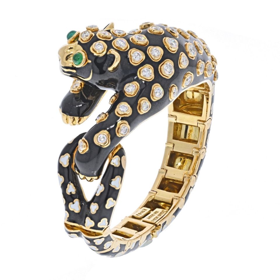 David Webb Platinum & 18K Yellow Gold Enamel, Diamonds Green Emeralds Leopard Bracelet — view 2 — Laura Milman New York