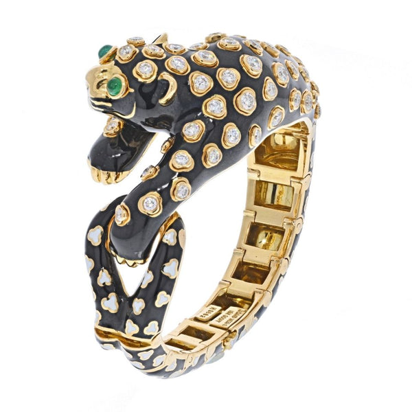 David Webb Platinum & 18K Yellow Gold Enamel, Diamonds Green Emeralds Leopard Bracelet — view 2