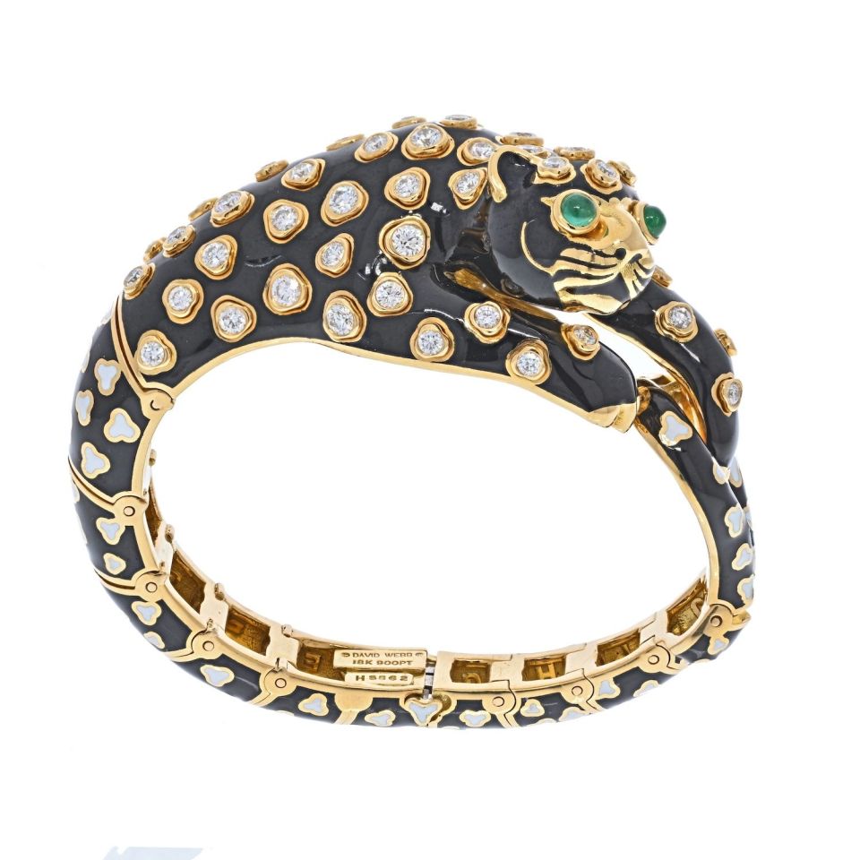 David Webb Platinum & 18K Yellow Gold Enamel, Diamonds Green Emeralds Leopard Bracelet — view 3 — Laura Milman New York