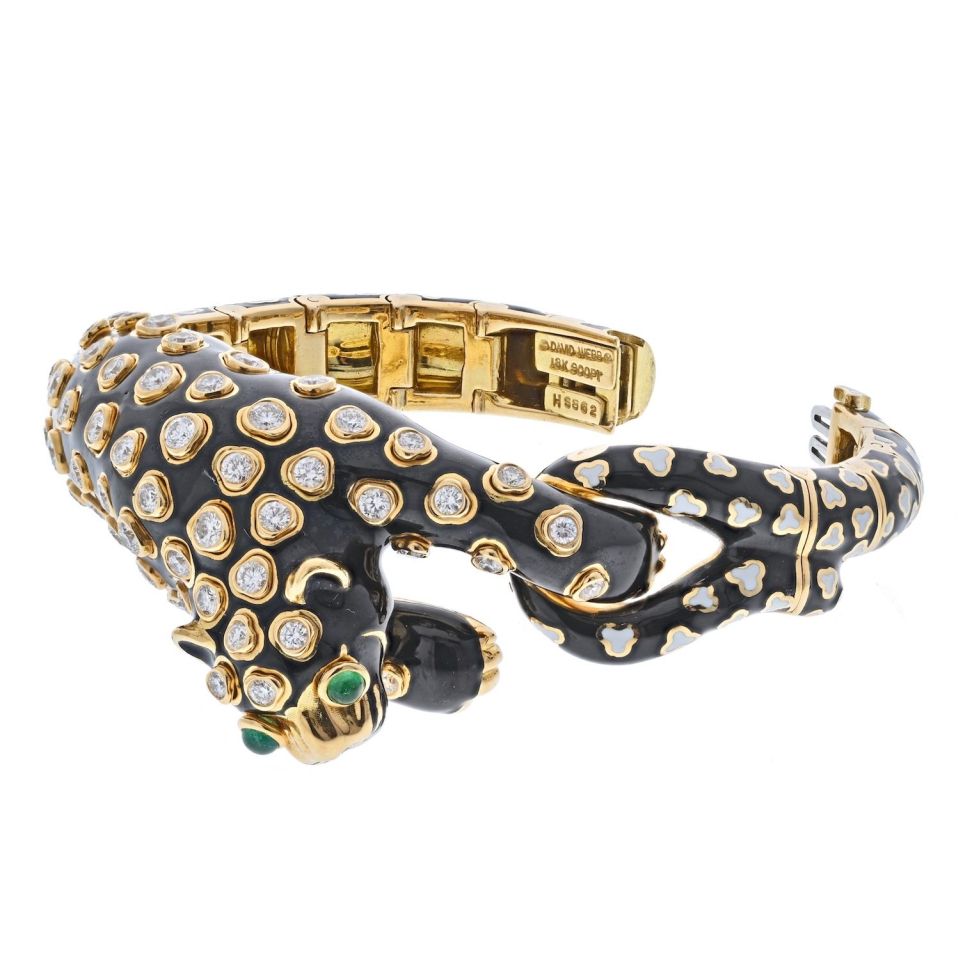 David Webb Platinum & 18K Yellow Gold Enamel, Diamonds Green Emeralds Leopard Bracelet — view 4 — Laura Milman New York