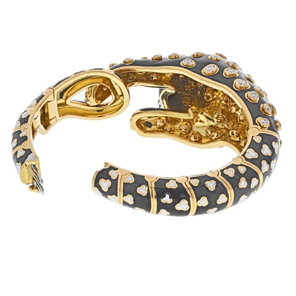 David Webb Platinum & 18K Yellow Gold Enamel, Diamonds Green Emeralds Leopard Bracelet — view 5 — Laura Milman New York