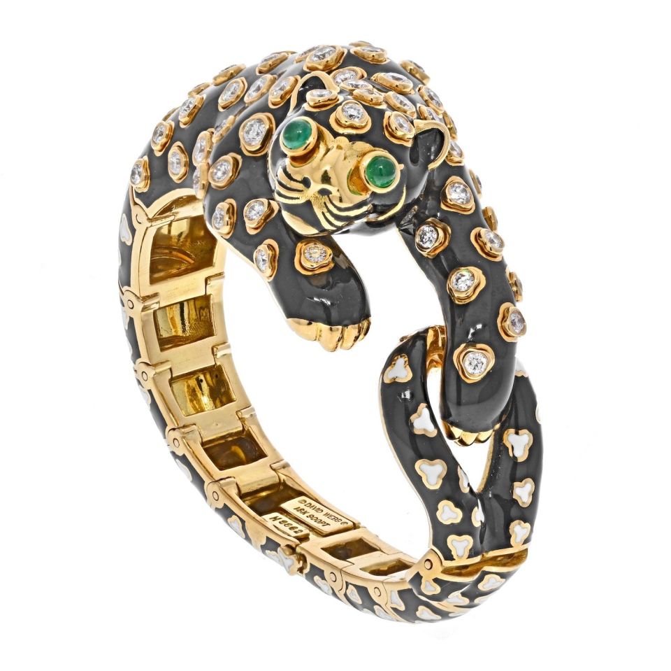 David Webb Platinum & 18K Yellow Gold Enamel, Diamonds Green Emeralds Leopard Bracelet — Laura Milman New York