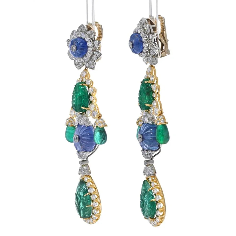 David Webb Girandole Carved Emerald And Diamond Dangle Earrings — view 2 — Laura Milman New York