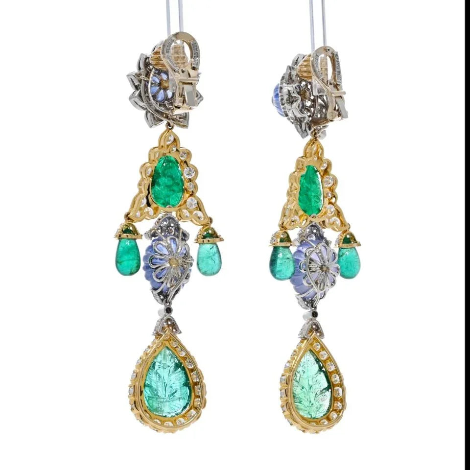 David Webb Girandole Carved Emerald And Diamond Dangle Earrings — view 3 — Laura Milman New York