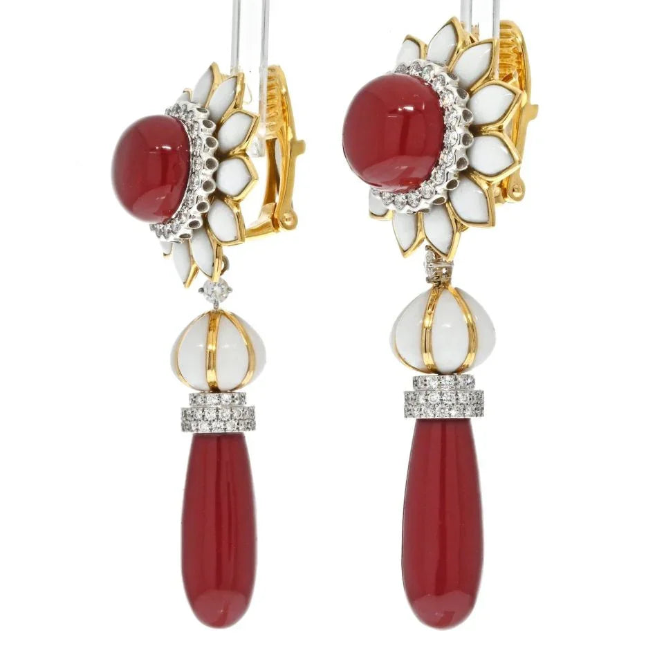 David Webb Platinum & 18K Yellow Gold Coral Drop Day To Night Dangling Earrings — view 2 — Laura Milman New York