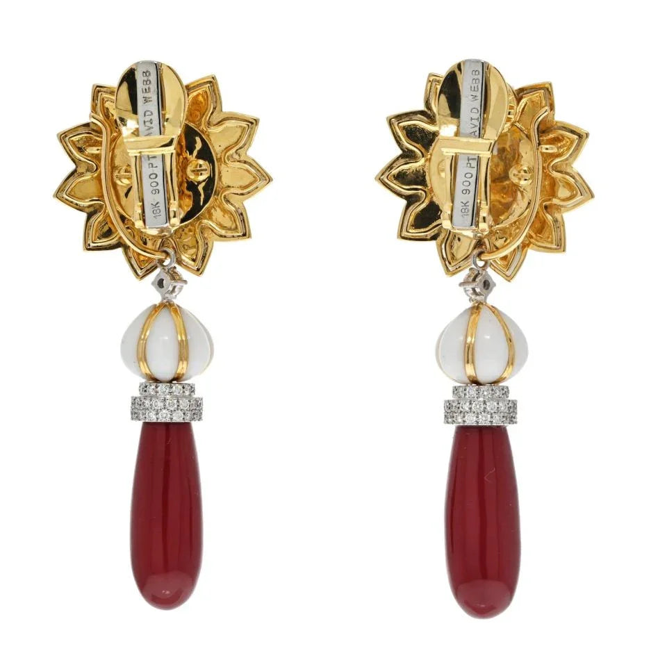 David Webb Platinum & 18K Yellow Gold Coral Drop Day To Night Dangling Earrings — view 4 — Laura Milman New York